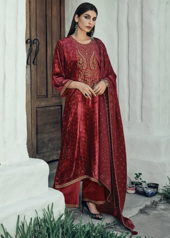 Maroon Velvet Suit with Embroidery Work