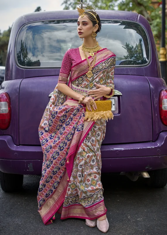 Multicolor White Patola Silk Saree