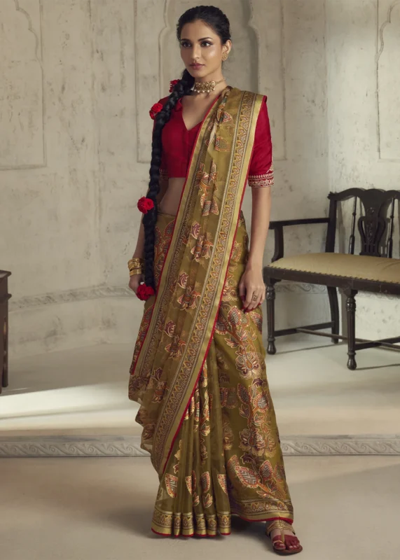 Mustard Yellow Organza Brasso Saree