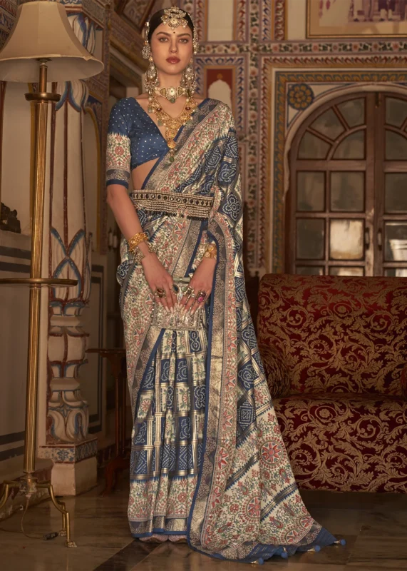 Navy Blue Printed Silk Saree