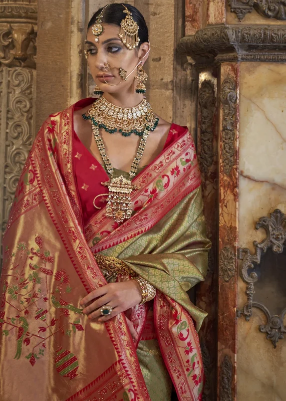 Olive Green Banarasi Saree with Stone Work