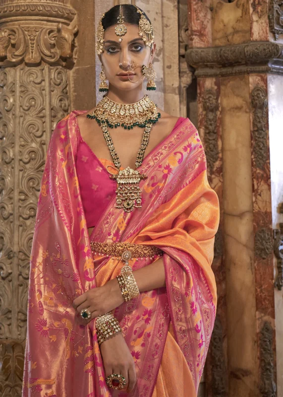 Orange Banarasi Saree with Stone Work