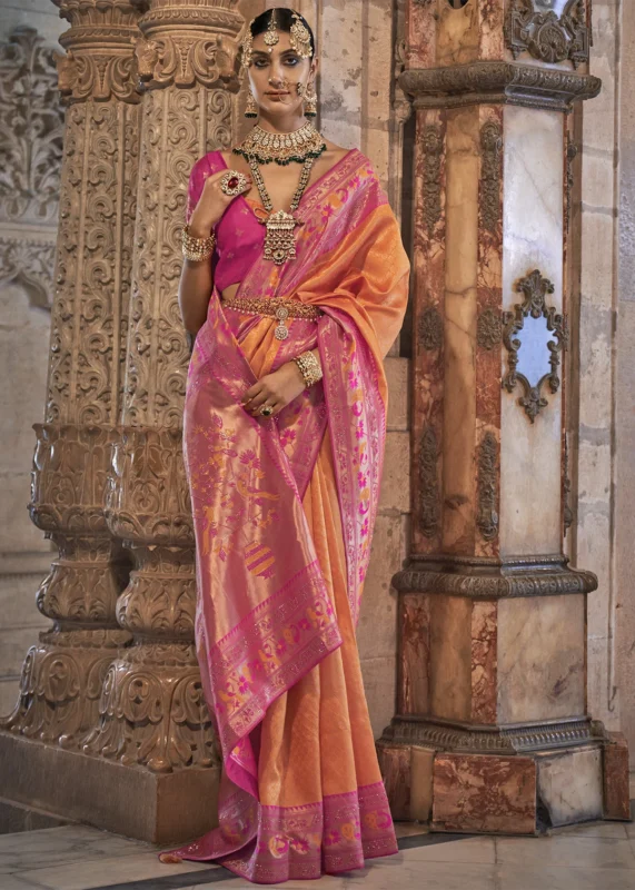 Orange Banarasi Saree with Stone Work