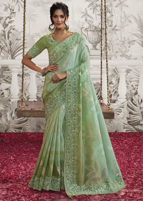 Pale Green Embroidered Silk Saree