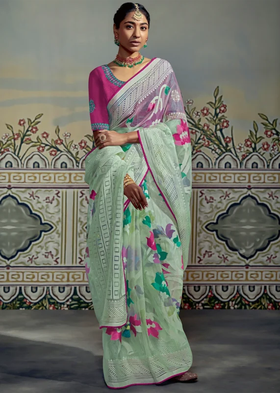 Pastel Green Organza Brasso Saree