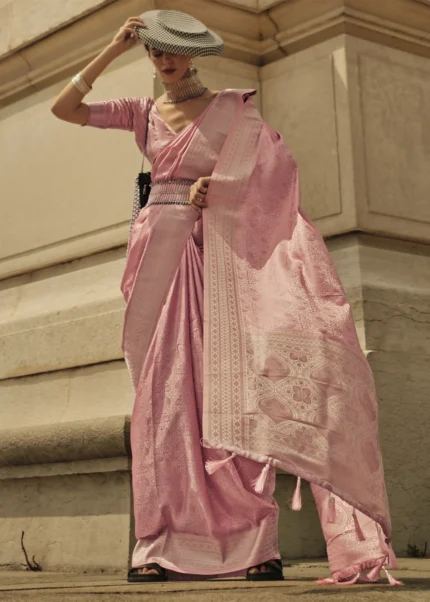 Peachy Pink Banarasi Satin Silk Saree