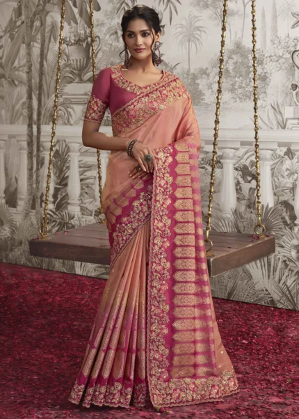 Peachy Pink Embroidered Silk Saree