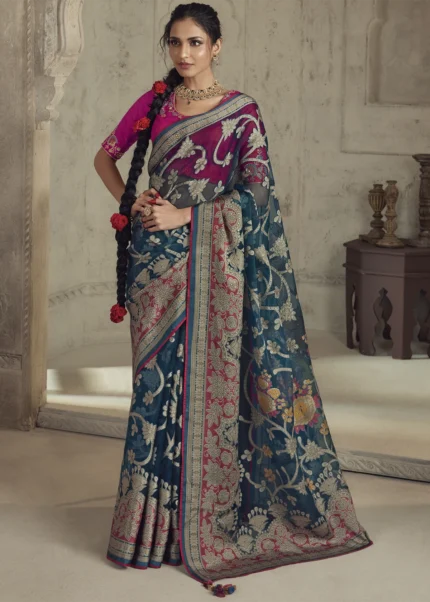 Peacock Blue Organza Brasso Saree