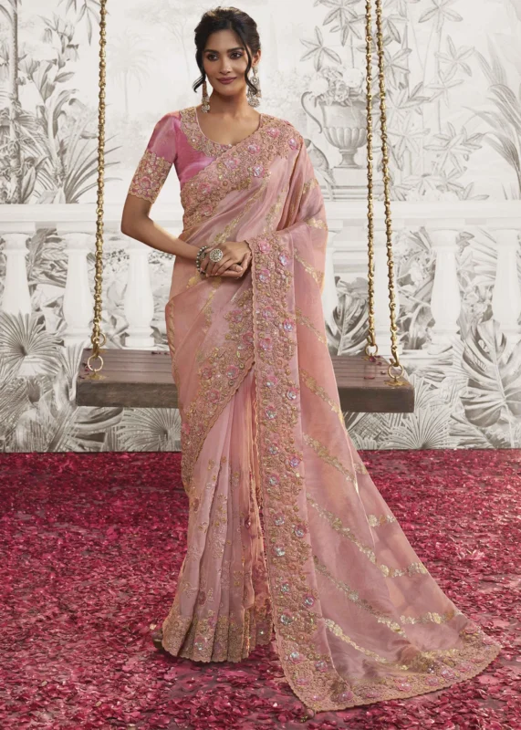 Pink Embroidered Silk Saree