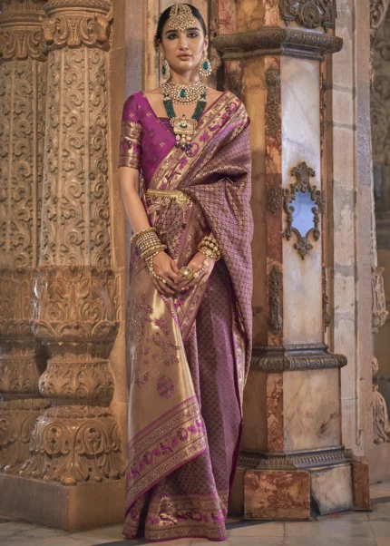 HOUSE OF BEGUM Womens Purple Banarasi Satin Silk Saree With Stone Work –  F2FMART.com