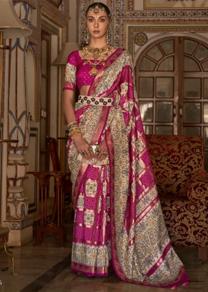 Raspberry Pink Printed Silk Saree