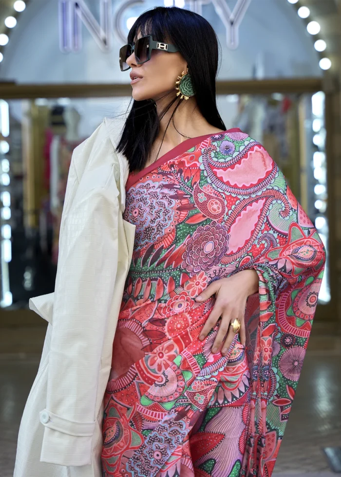 Red Satin Crepe Saree