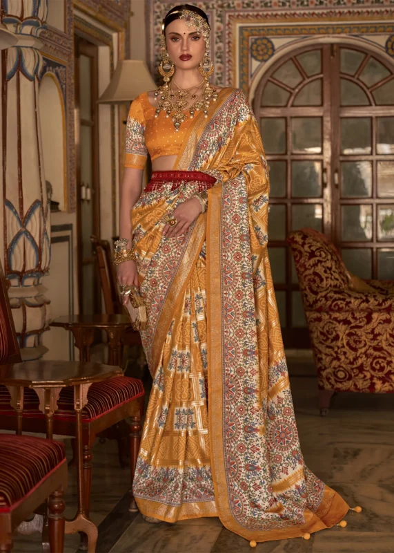 Saffron Yellow Printed Silk Saree