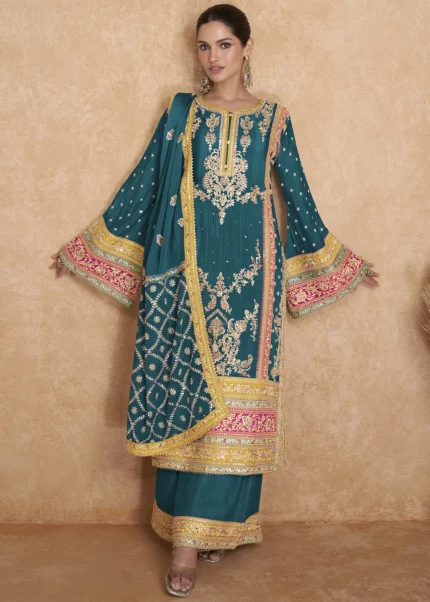 Teal Palazzo Suit with Embroidery Work