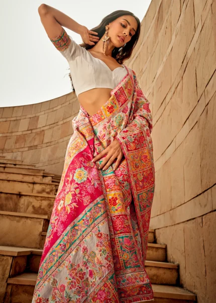 White Kashmiri Jamawar Saree