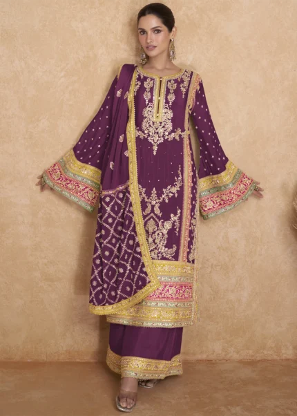 Wine Palazzo Suit with Heavy Work