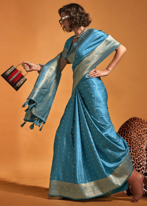 Azure Blue Banarasi Satin Silk Saree