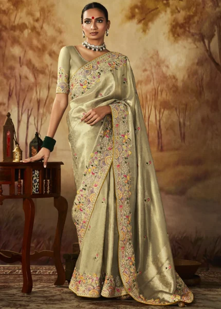 Beige Kanjivaram Silk Saree with Embroidery Work