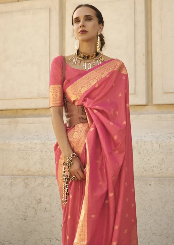 Coral Peach Banarasi Khaddi Silk Saree