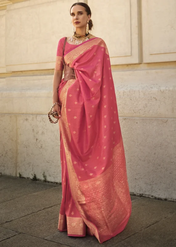 Coral Peach Banarasi Khaddi Silk Saree