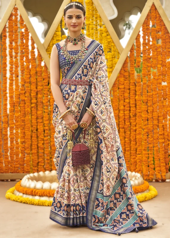 Cream and Royal Blue Patola Saree