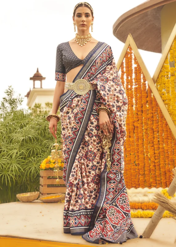 Cream and Slate Gray Patola Saree