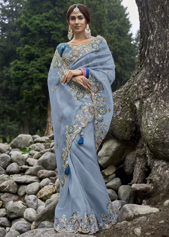 Dusty Blue Embroidered Organza Saree