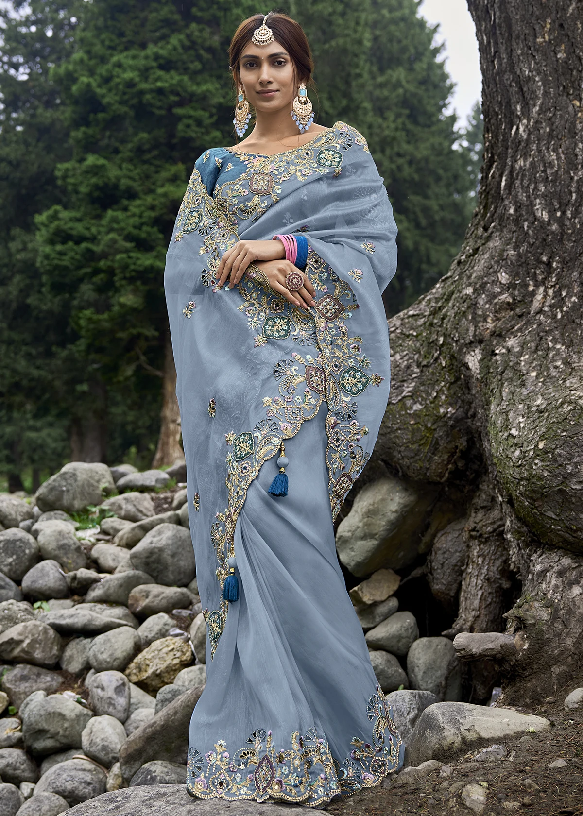 Dusty Blue Embroidered Organza Saree - Urban Womania