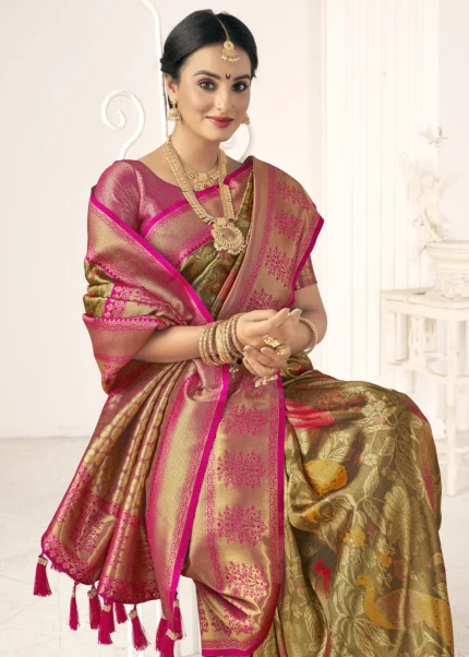 Golden Olive Kanjivaram Saree