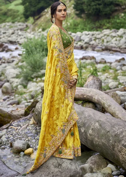 Buy Online Yellow Tussar Georgette Saree in USA |Embroidered Blouse – Pure  Elegance