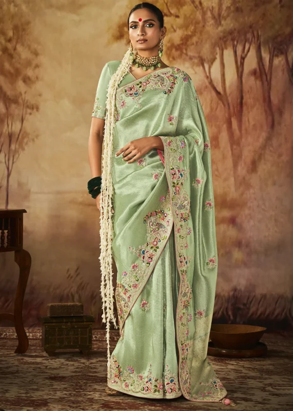 Light Green Kanjivaram Silk Saree with Embroidery Work