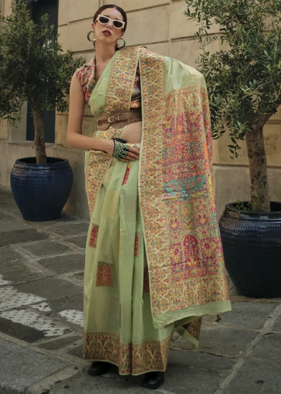 Light Green Kashmiri Jamawar Saree