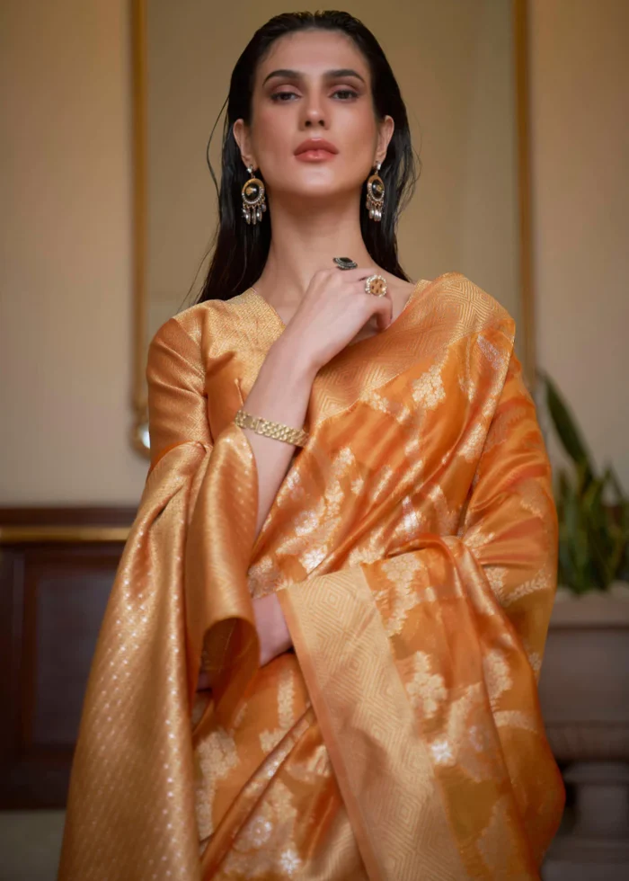 Marigold Orange Banarasi Organza Silk Saree