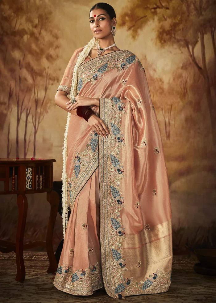 Peach Kanjivaram Silk Saree with Embroidery Work