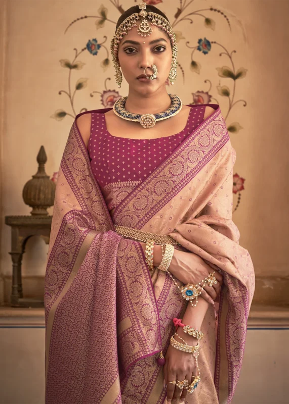 Peach and Magenta Banarasi Saree