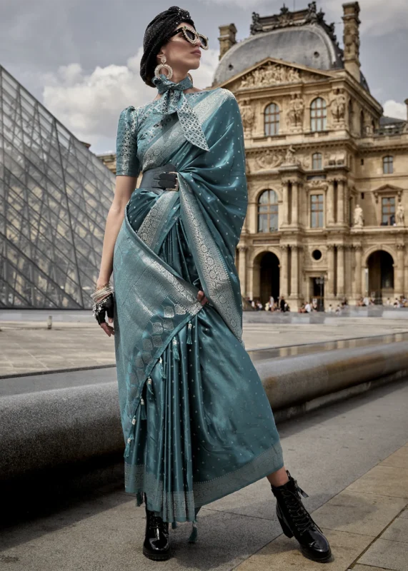 Peacock Blue Banarasi Satin Silk Saree