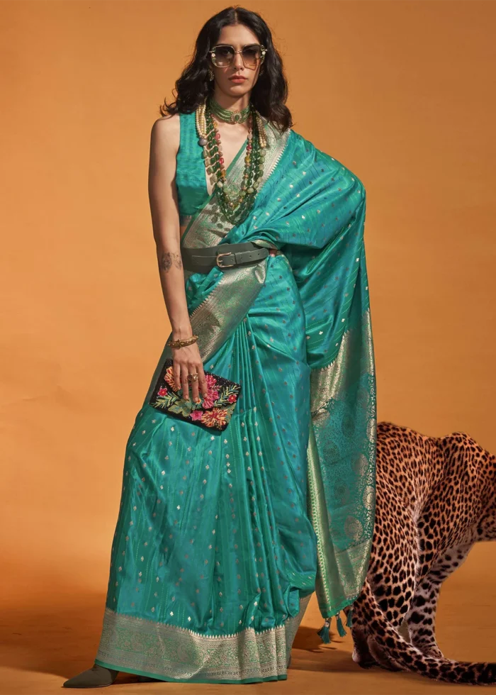 Peacock Blue Banarasi Satin Silk Saree Urban Womania 7961