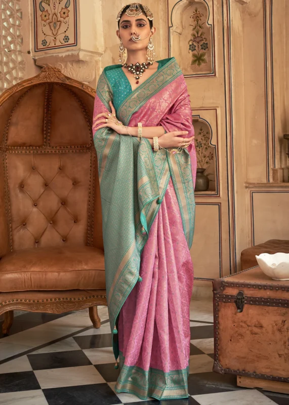 Pink and Turquoise Banarasi Saree