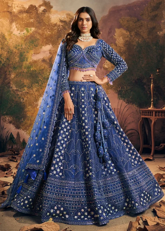 Royal Blue Embroidered Net Lehenga