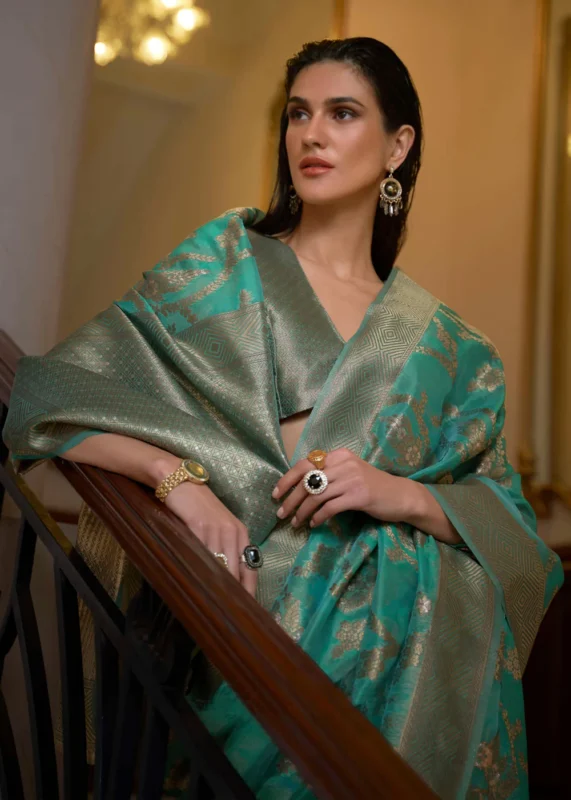 Teal Banarasi Organza Silk Saree