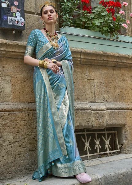 Teal Blue Printed Soft Silk Saree