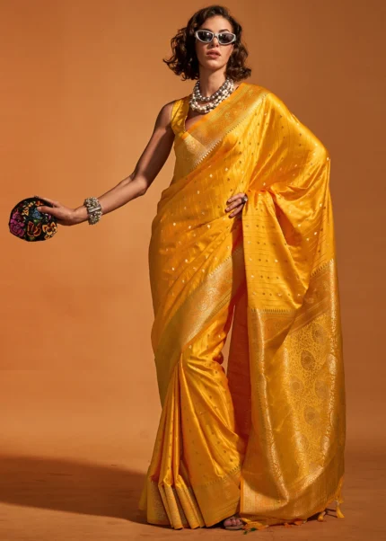 Pure Bright Mango Yellow Colour Gold Toned Beautiful Trendy Banarasi Silk  Woven Designer Saree