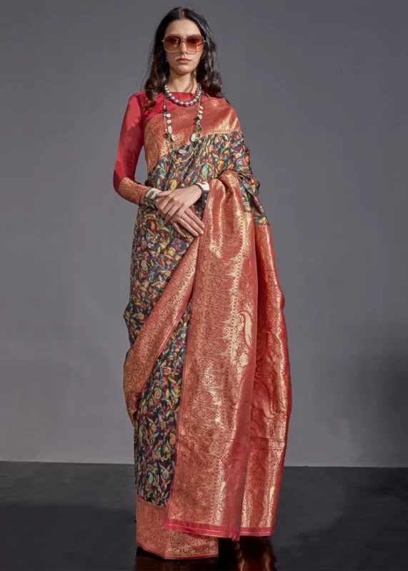 Black Kashmiri Jamawar Saree with Banarasi Pallu