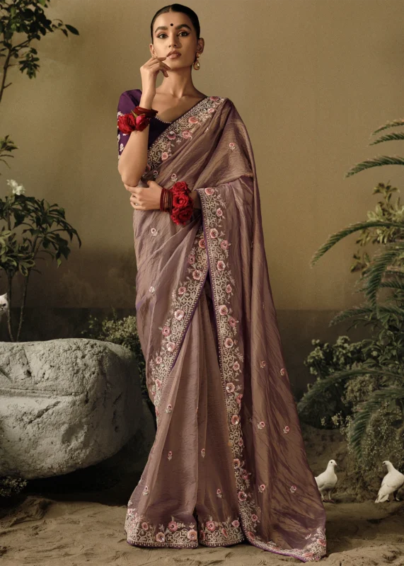 Brown Embroidered Dola Silk Saree