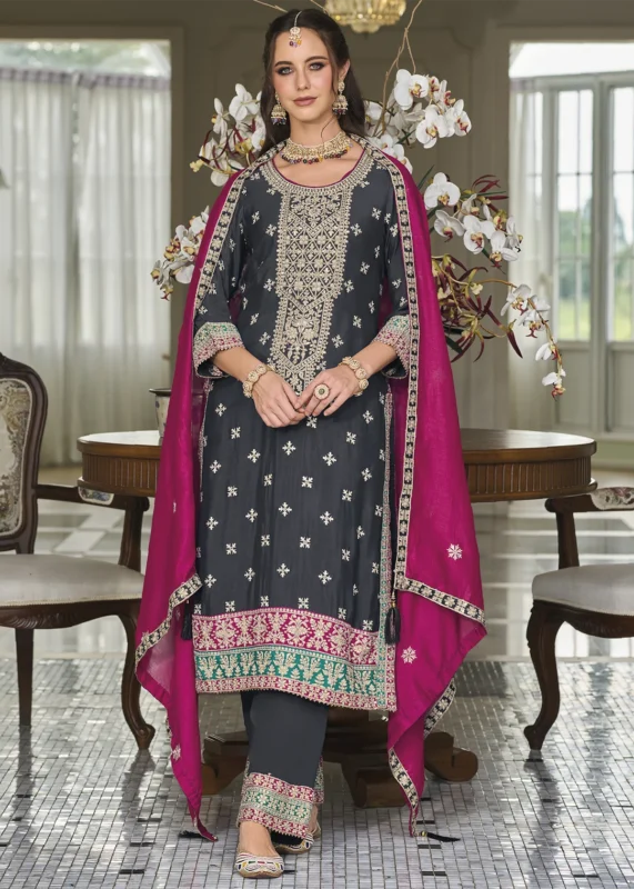 Dark Blue Silk Suit with Embroidery Work