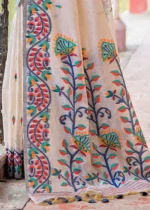 Cream and Navy Muga Cotton Woven Floral Saree