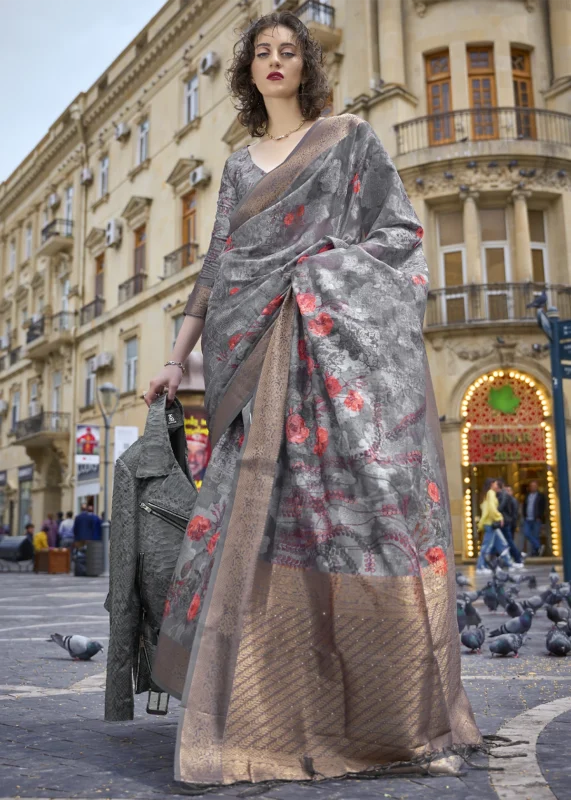 Dark Gray Silk Brasso Saree