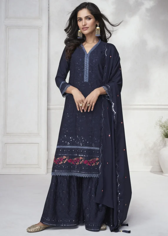 Embroidered Dark Blue Chinon Silk Sharara Suit