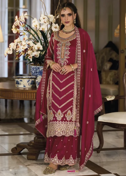 Embroidered Maroon Silk Sharara Suit