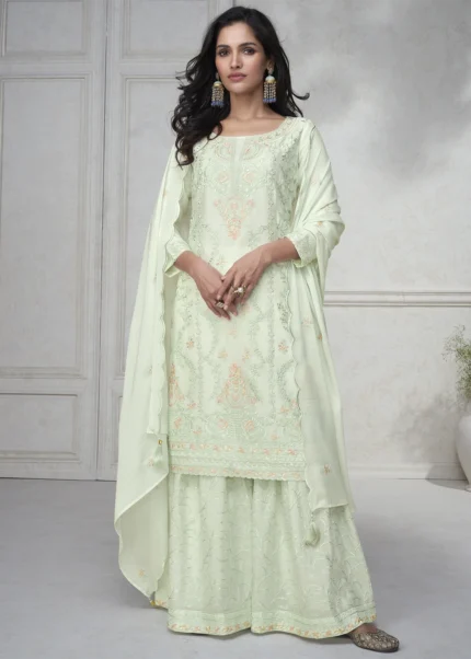 Embroidered Mint Green Chinon Silk Sharara Suit